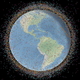 A model of Earth is covered with debris represented as dots around it.
